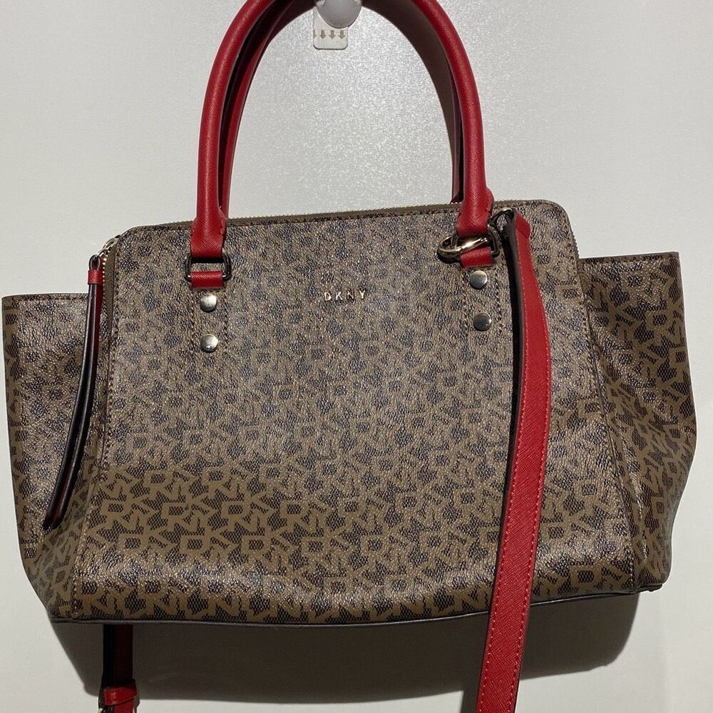 DKNY Monogram Logo Satchel Handbag Brown Red Crossbody Bag Medium